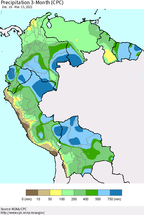 Northern South America Precipitation 3-Month (CPC) Thematic Map For 12/16/2020 - 3/15/2021