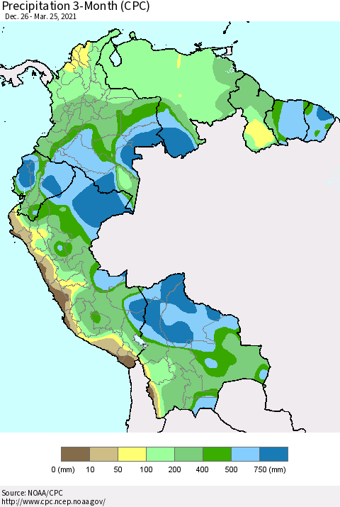 Northern South America Precipitation 3-Month (CPC) Thematic Map For 12/26/2020 - 3/25/2021