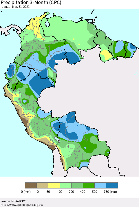 Northern South America Precipitation 3-Month (CPC) Thematic Map For 1/1/2021 - 3/31/2021