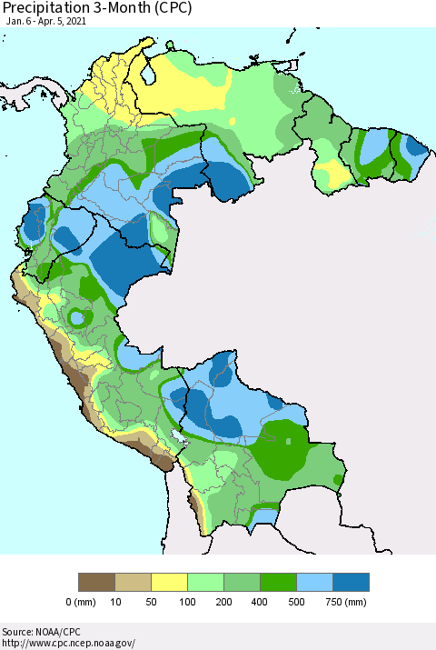 Northern South America Precipitation 3-Month (CPC) Thematic Map For 1/6/2021 - 4/5/2021