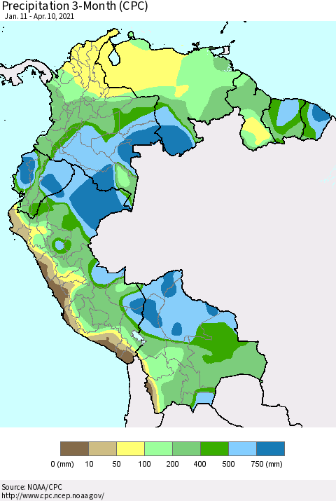 Northern South America Precipitation 3-Month (CPC) Thematic Map For 1/11/2021 - 4/10/2021