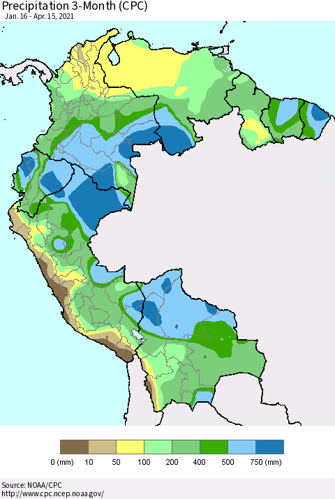 Northern South America Precipitation 3-Month (CPC) Thematic Map For 1/16/2021 - 4/15/2021