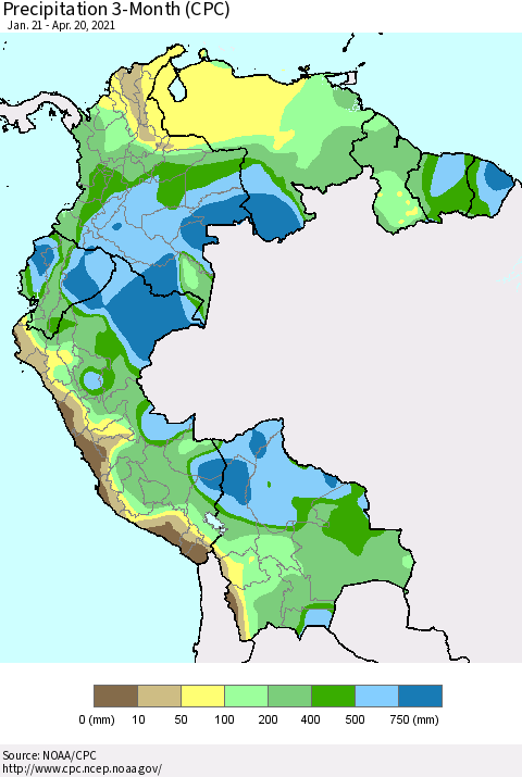 Northern South America Precipitation 3-Month (CPC) Thematic Map For 1/21/2021 - 4/20/2021