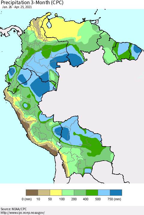 Northern South America Precipitation 3-Month (CPC) Thematic Map For 1/26/2021 - 4/25/2021