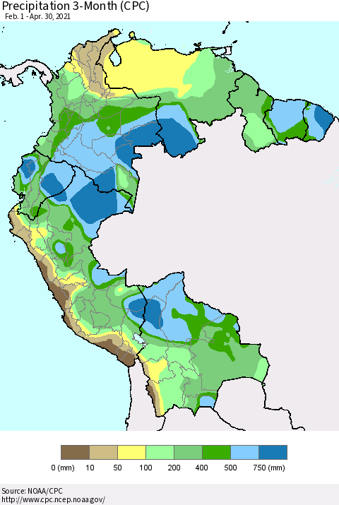 Northern South America Precipitation 3-Month (CPC) Thematic Map For 2/1/2021 - 4/30/2021