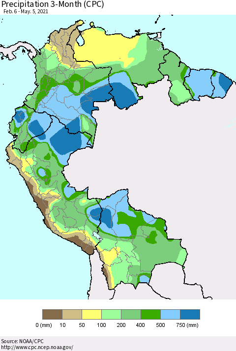Northern South America Precipitation 3-Month (CPC) Thematic Map For 2/6/2021 - 5/5/2021