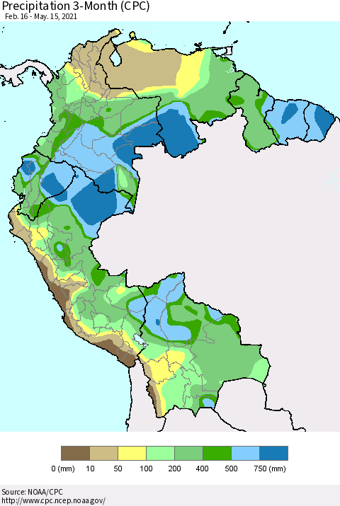 Northern South America Precipitation 3-Month (CPC) Thematic Map For 2/16/2021 - 5/15/2021