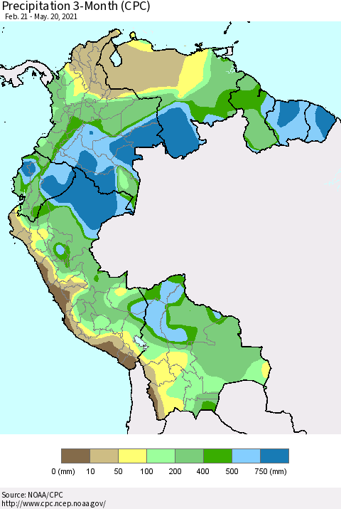 Northern South America Precipitation 3-Month (CPC) Thematic Map For 2/21/2021 - 5/20/2021
