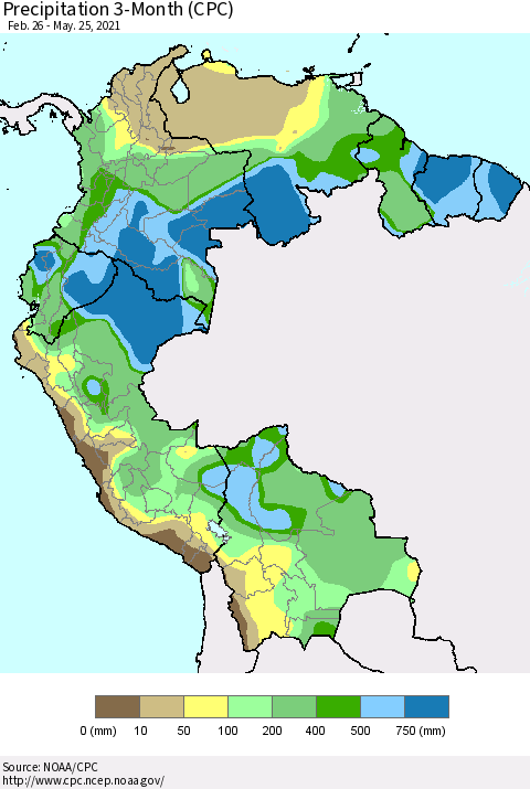 Northern South America Precipitation 3-Month (CPC) Thematic Map For 2/26/2021 - 5/25/2021