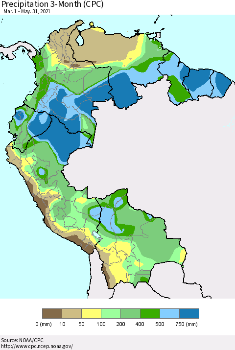 Northern South America Precipitation 3-Month (CPC) Thematic Map For 3/1/2021 - 5/31/2021