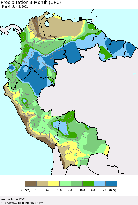 Northern South America Precipitation 3-Month (CPC) Thematic Map For 3/6/2021 - 6/5/2021