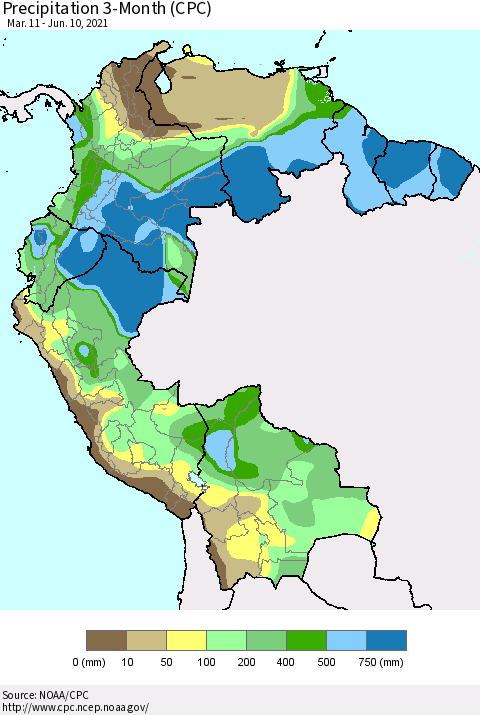 Northern South America Precipitation 3-Month (CPC) Thematic Map For 3/11/2021 - 6/10/2021