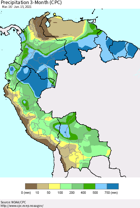 Northern South America Precipitation 3-Month (CPC) Thematic Map For 3/16/2021 - 6/15/2021