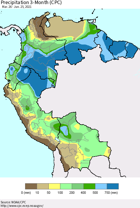 Northern South America Precipitation 3-Month (CPC) Thematic Map For 3/26/2021 - 6/25/2021