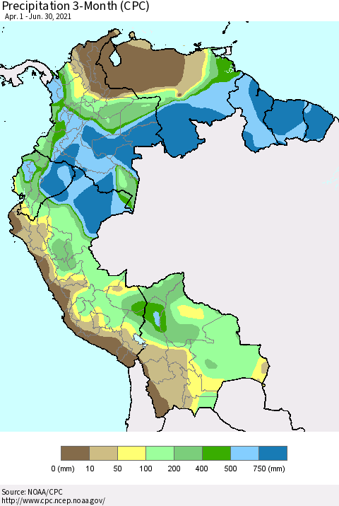Northern South America Precipitation 3-Month (CPC) Thematic Map For 4/1/2021 - 6/30/2021