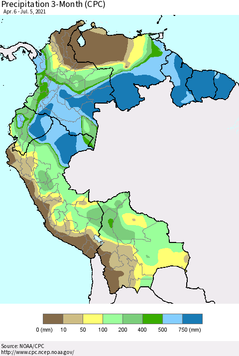 Northern South America Precipitation 3-Month (CPC) Thematic Map For 4/6/2021 - 7/5/2021