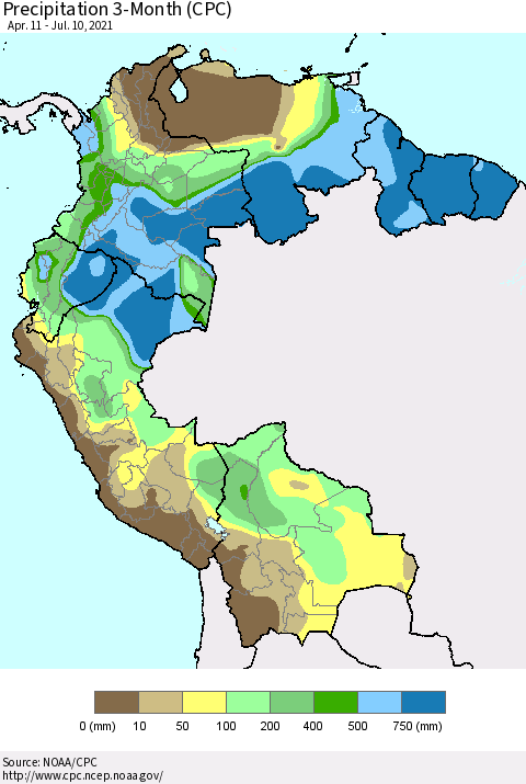 Northern South America Precipitation 3-Month (CPC) Thematic Map For 4/11/2021 - 7/10/2021