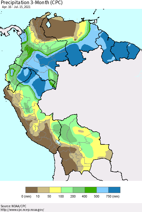 Northern South America Precipitation 3-Month (CPC) Thematic Map For 4/16/2021 - 7/15/2021