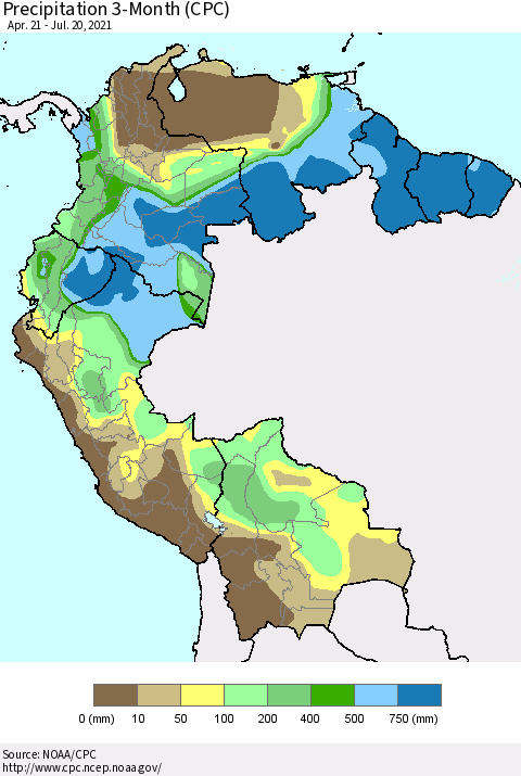 Northern South America Precipitation 3-Month (CPC) Thematic Map For 4/21/2021 - 7/20/2021