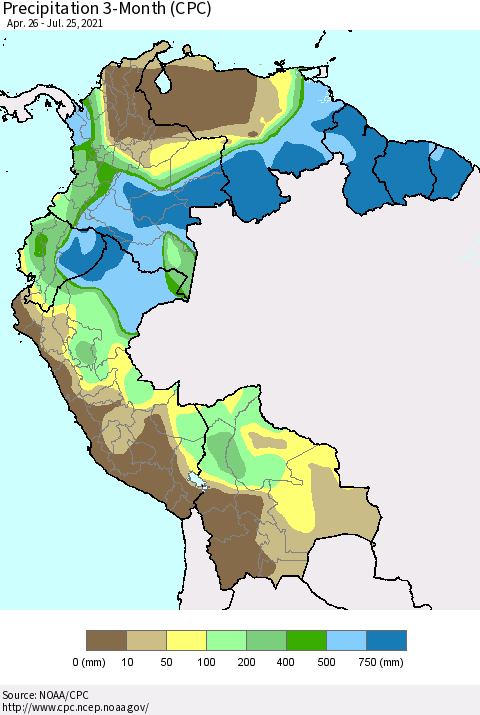 Northern South America Precipitation 3-Month (CPC) Thematic Map For 4/26/2021 - 7/25/2021