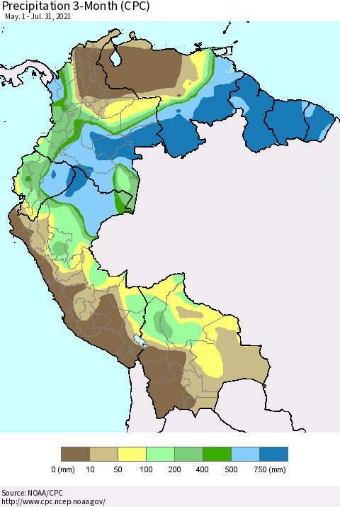 Northern South America Precipitation 3-Month (CPC) Thematic Map For 5/1/2021 - 7/31/2021