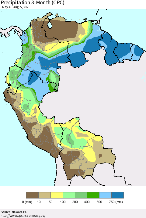 Northern South America Precipitation 3-Month (CPC) Thematic Map For 5/6/2021 - 8/5/2021