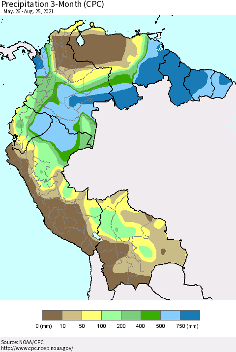 Northern South America Precipitation 3-Month (CPC) Thematic Map For 5/26/2021 - 8/25/2021