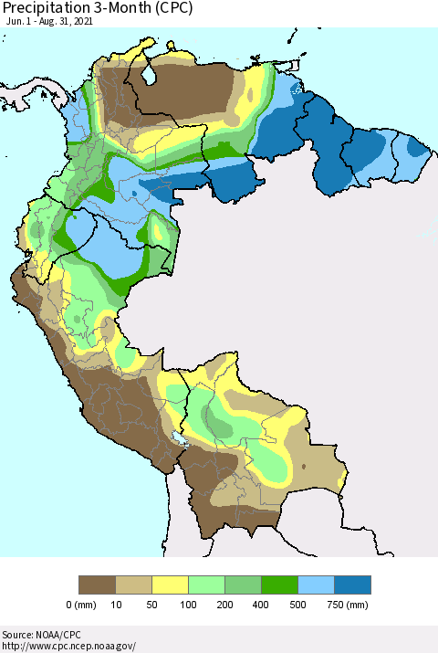 Northern South America Precipitation 3-Month (CPC) Thematic Map For 6/1/2021 - 8/31/2021