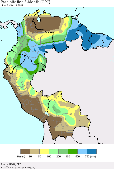 Northern South America Precipitation 3-Month (CPC) Thematic Map For 6/6/2021 - 9/5/2021