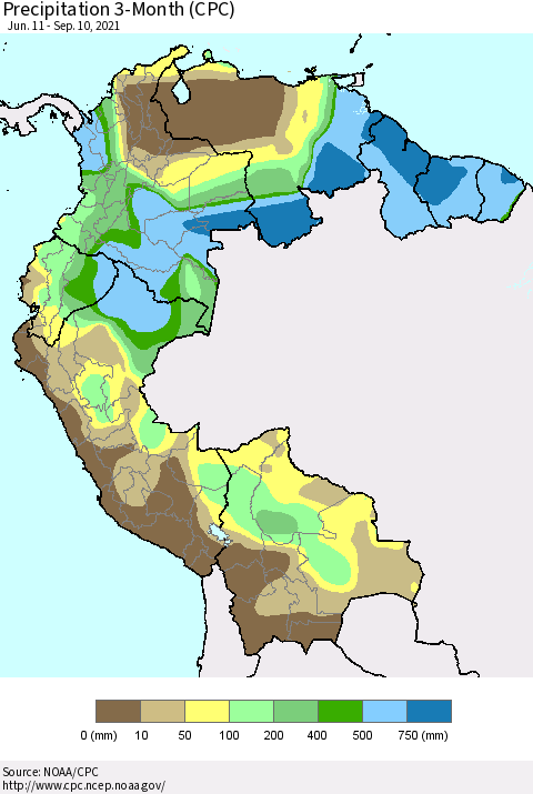 Northern South America Precipitation 3-Month (CPC) Thematic Map For 6/11/2021 - 9/10/2021