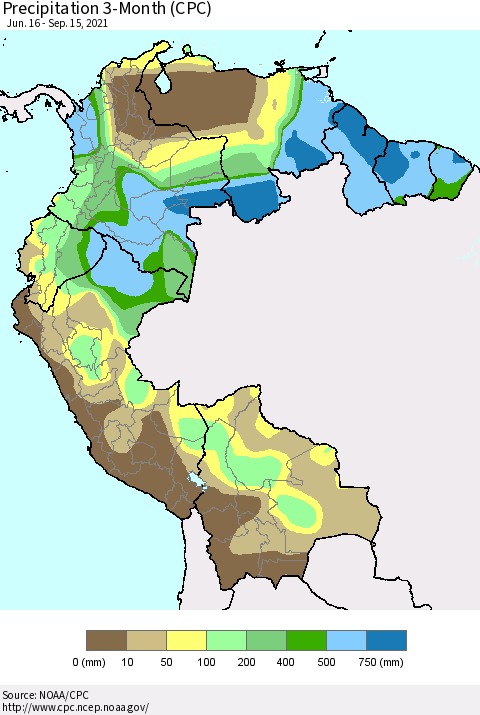 Northern South America Precipitation 3-Month (CPC) Thematic Map For 6/16/2021 - 9/15/2021