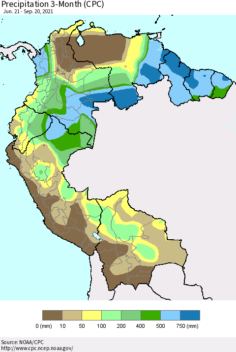 Northern South America Precipitation 3-Month (CPC) Thematic Map For 6/21/2021 - 9/20/2021