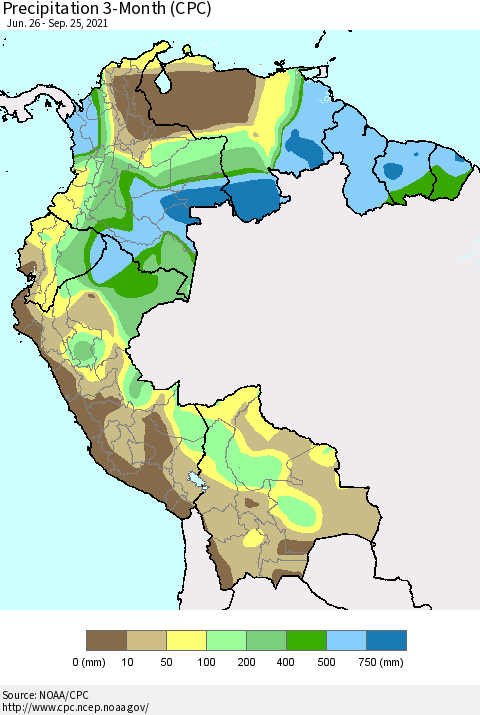 Northern South America Precipitation 3-Month (CPC) Thematic Map For 6/26/2021 - 9/25/2021