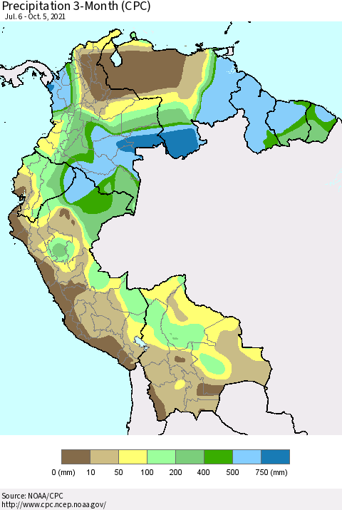 Northern South America Precipitation 3-Month (CPC) Thematic Map For 7/6/2021 - 10/5/2021