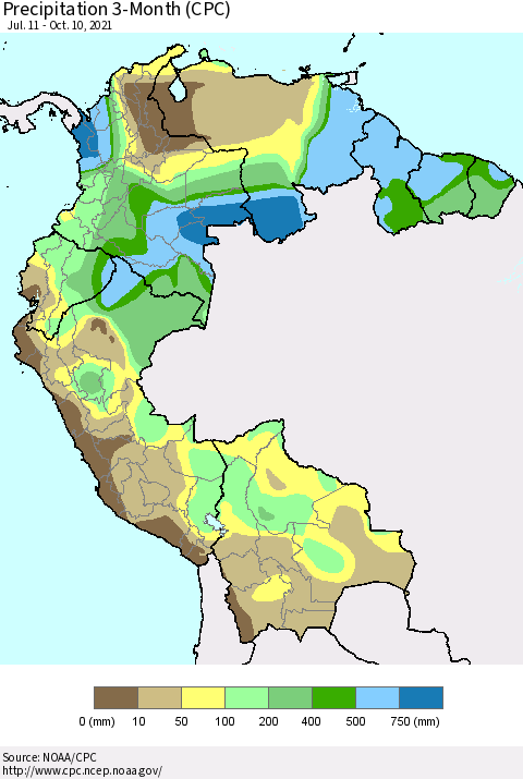Northern South America Precipitation 3-Month (CPC) Thematic Map For 7/11/2021 - 10/10/2021