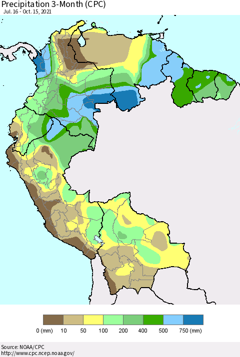 Northern South America Precipitation 3-Month (CPC) Thematic Map For 7/16/2021 - 10/15/2021