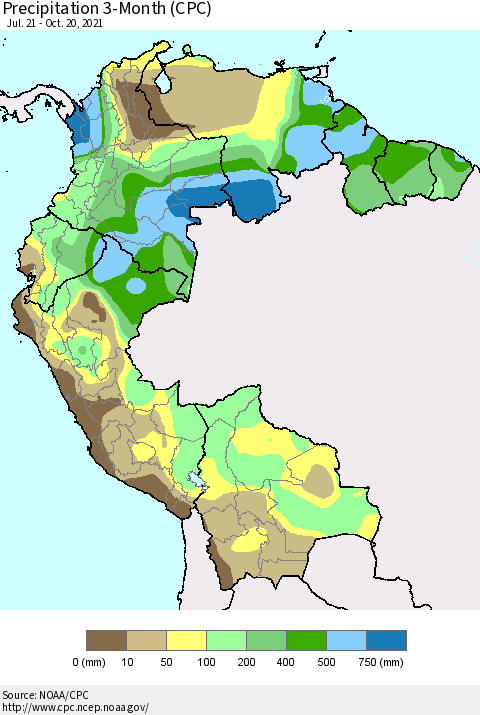 Northern South America Precipitation 3-Month (CPC) Thematic Map For 7/21/2021 - 10/20/2021
