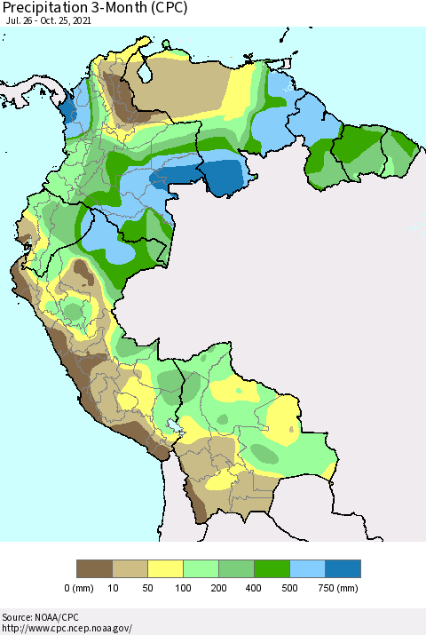 Northern South America Precipitation 3-Month (CPC) Thematic Map For 7/26/2021 - 10/25/2021