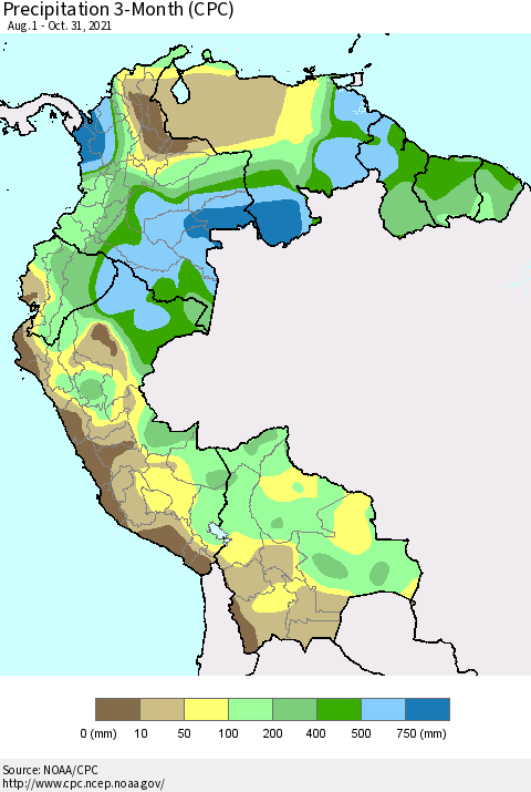 Northern South America Precipitation 3-Month (CPC) Thematic Map For 8/1/2021 - 10/31/2021