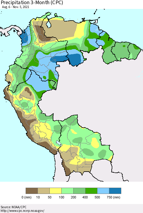 Northern South America Precipitation 3-Month (CPC) Thematic Map For 8/6/2021 - 11/5/2021
