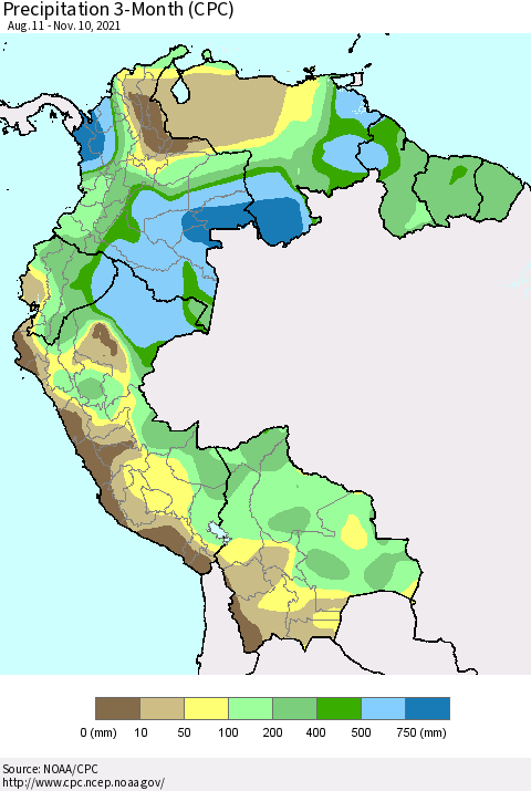 Northern South America Precipitation 3-Month (CPC) Thematic Map For 8/11/2021 - 11/10/2021