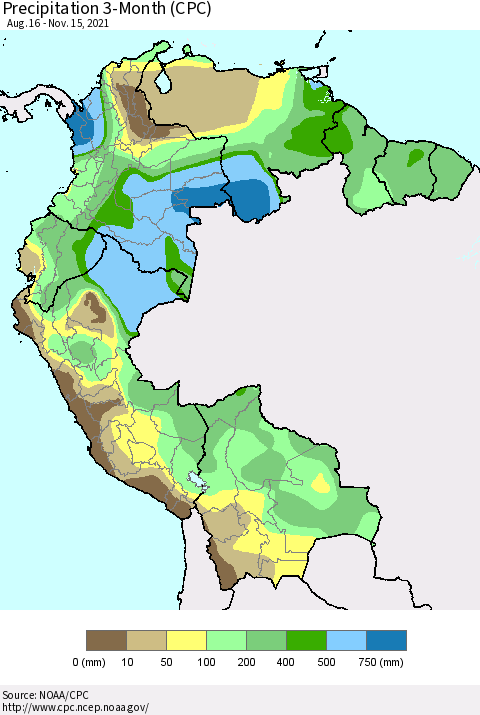 Northern South America Precipitation 3-Month (CPC) Thematic Map For 8/16/2021 - 11/15/2021