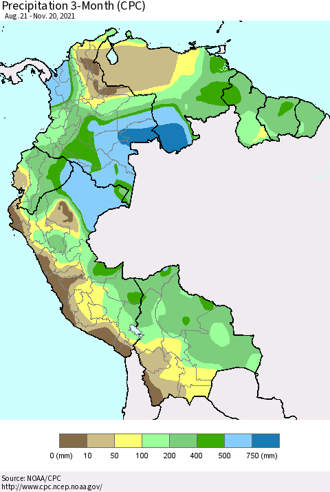 Northern South America Precipitation 3-Month (CPC) Thematic Map For 8/21/2021 - 11/20/2021
