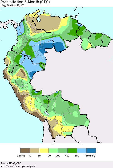 Northern South America Precipitation 3-Month (CPC) Thematic Map For 8/26/2021 - 11/25/2021