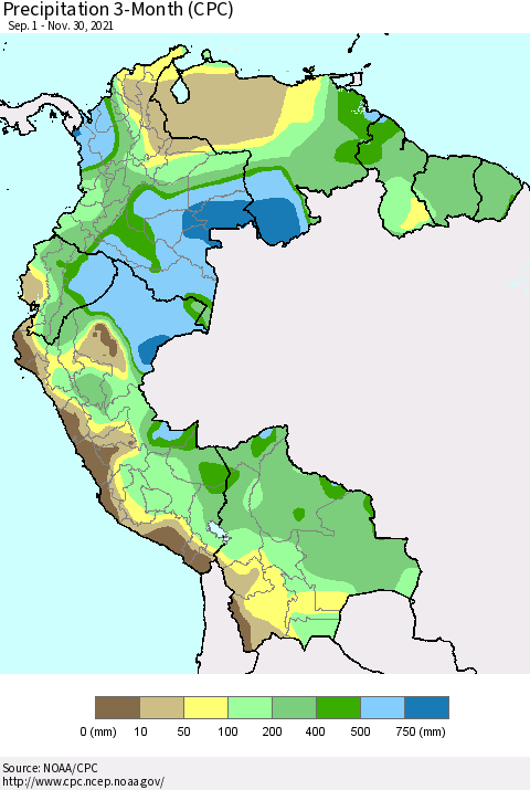 Northern South America Precipitation 3-Month (CPC) Thematic Map For 9/1/2021 - 11/30/2021