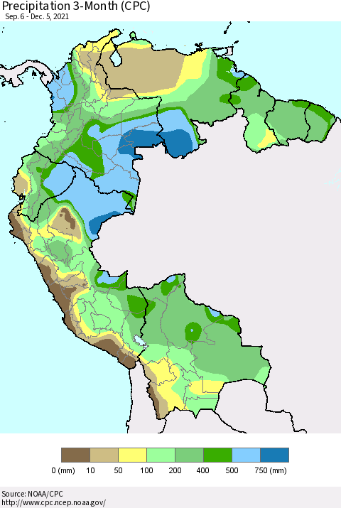 Northern South America Precipitation 3-Month (CPC) Thematic Map For 9/6/2021 - 12/5/2021