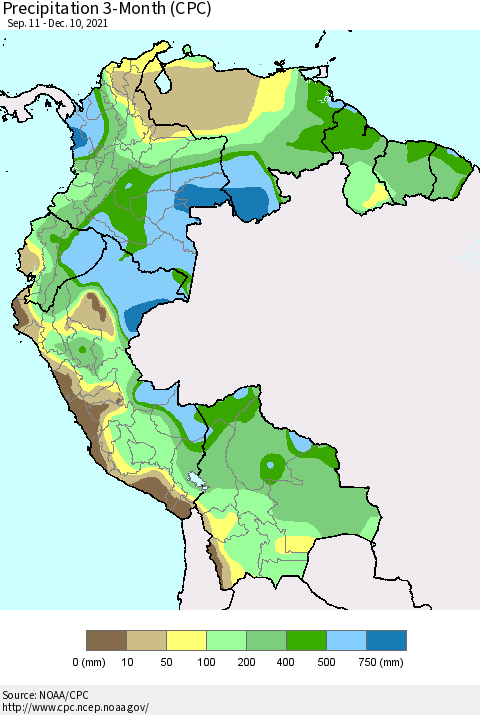 Northern South America Precipitation 3-Month (CPC) Thematic Map For 9/11/2021 - 12/10/2021