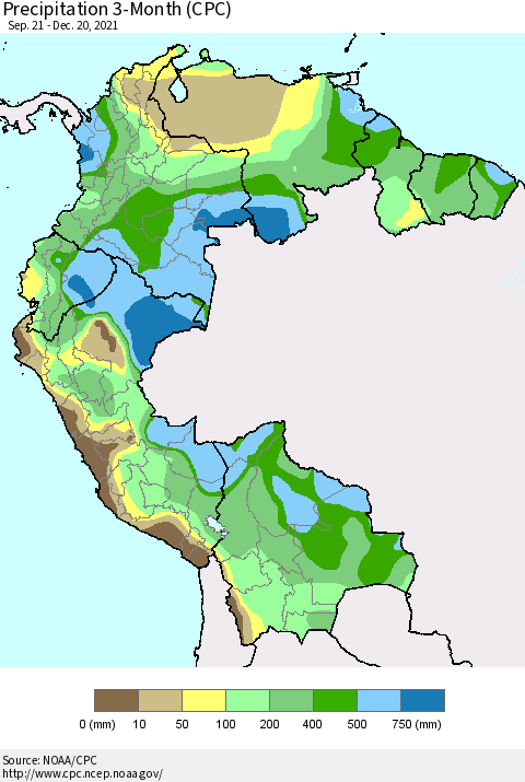 Northern South America Precipitation 3-Month (CPC) Thematic Map For 9/21/2021 - 12/20/2021