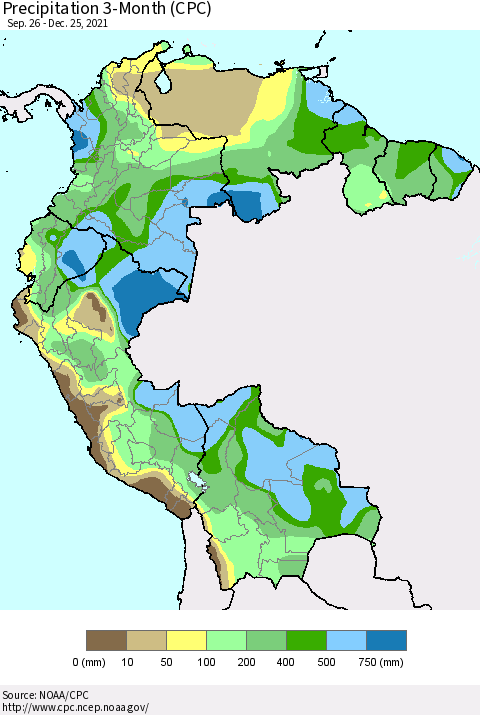 Northern South America Precipitation 3-Month (CPC) Thematic Map For 9/26/2021 - 12/25/2021