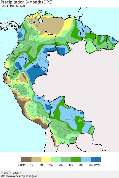 Northern South America Precipitation 3-Month (CPC) Thematic Map For 10/1/2021 - 12/31/2021